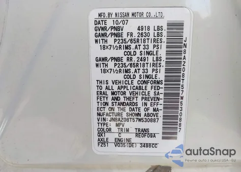 2007 Nissan Murano S из США, поврежденный, VIN JN8AZ08T57W530887